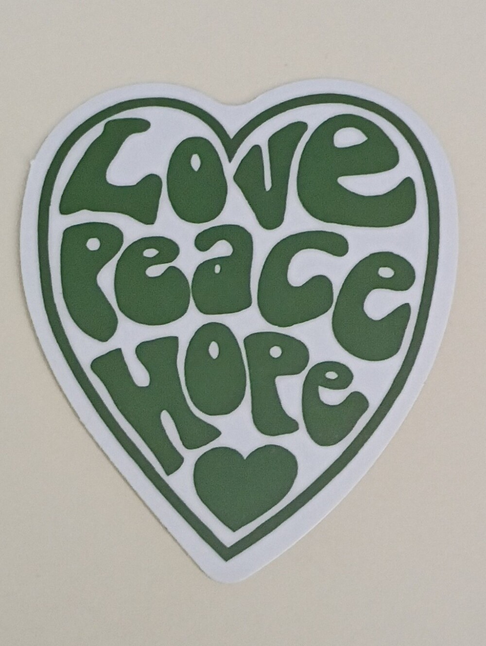 10/$10 Stickers - Love Peace Hope - Green Heart Green Text